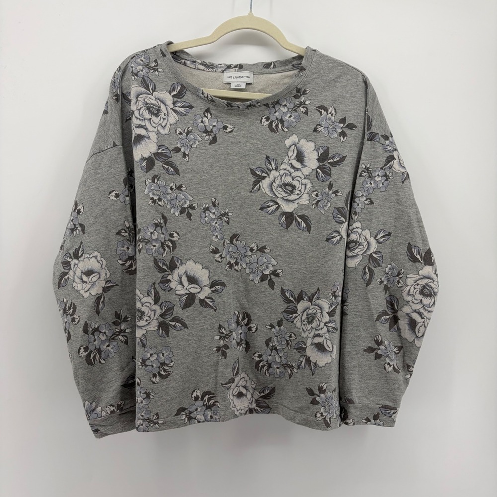 Liz Claiborne Womens XL Gray Floral Sweatshirt Cotton Drop Shoulder Crew Neck